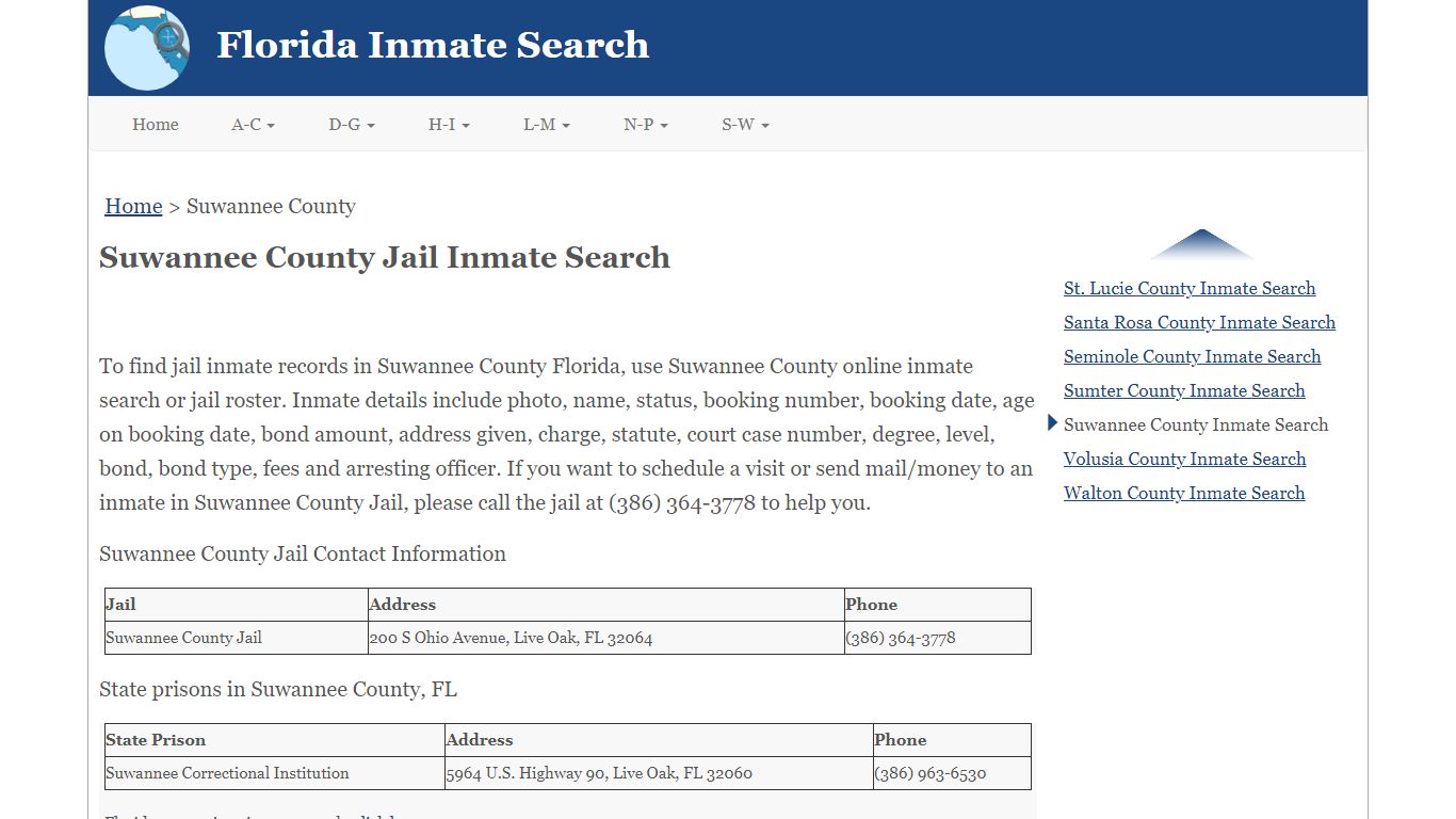 Suwannee County FL Jail Inmate Search